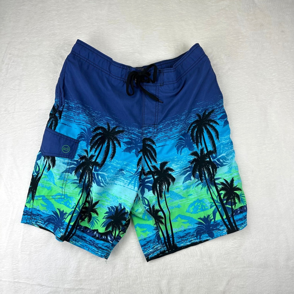 Island Inspired Swim Trunks Mens L Blue Green Palm Tree Board Shorts Y2K Beach